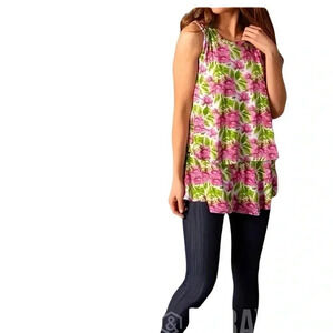 Agnes & Dora Pink Floral Fancy Tank Top Green Leaves Double Ruffle Size Large